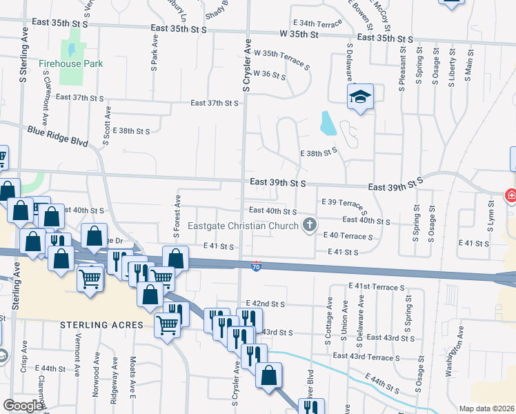 map of restaurants, bars, coffee shops, grocery stores, and more near 12416 East 40th Street South in Independence