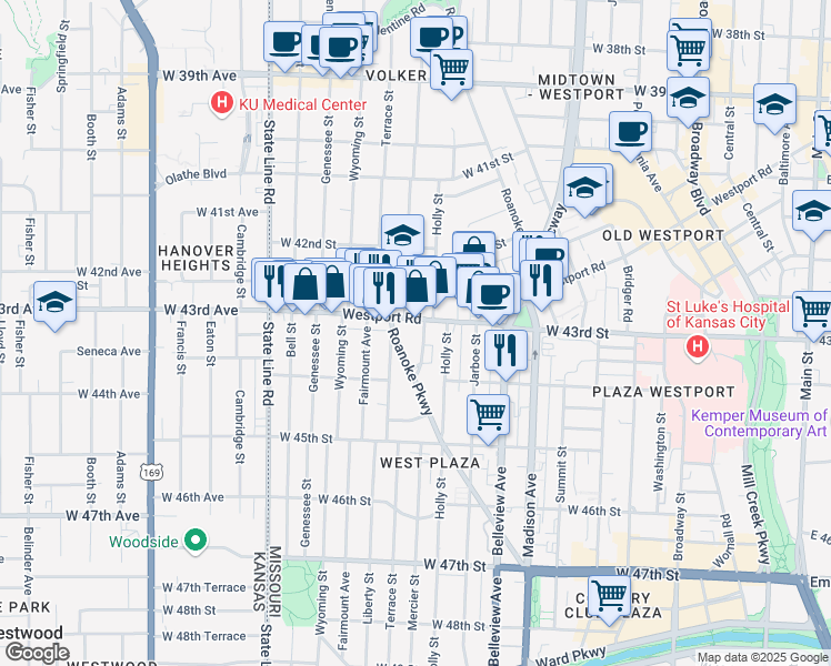 map of restaurants, bars, coffee shops, grocery stores, and more near 1301 Westport Road in Kansas City