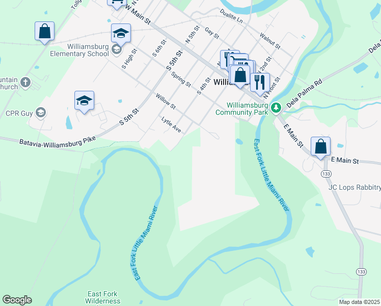 map of restaurants, bars, coffee shops, grocery stores, and more near 299 Lytle Avenue in Williamsburg