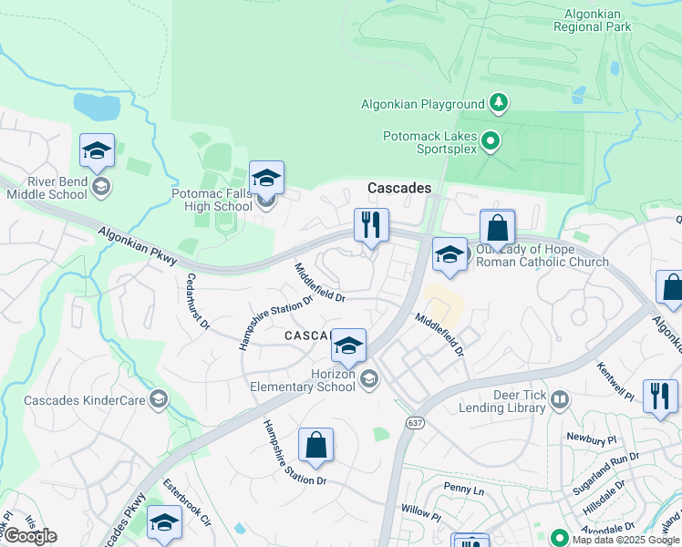 map of restaurants, bars, coffee shops, grocery stores, and more near 46608 Drysdale Terrace in Sterling