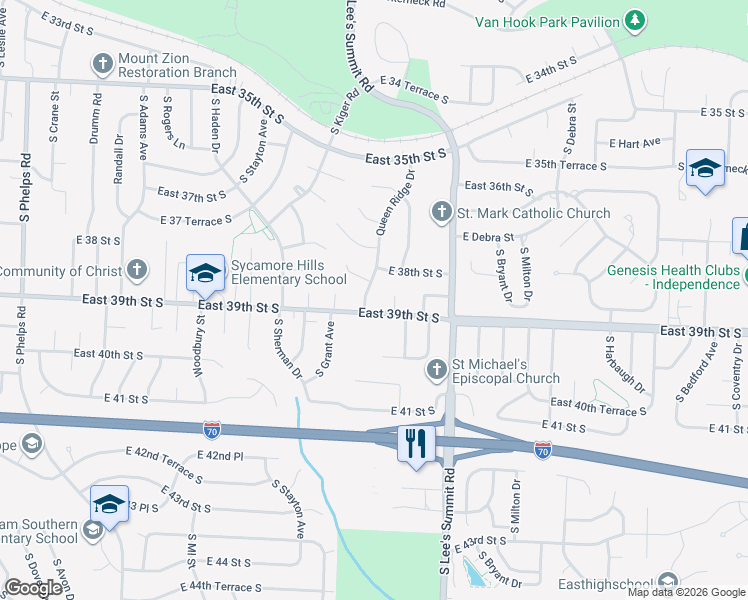 map of restaurants, bars, coffee shops, grocery stores, and more near 3821 Queen Ridge Drive in Independence
