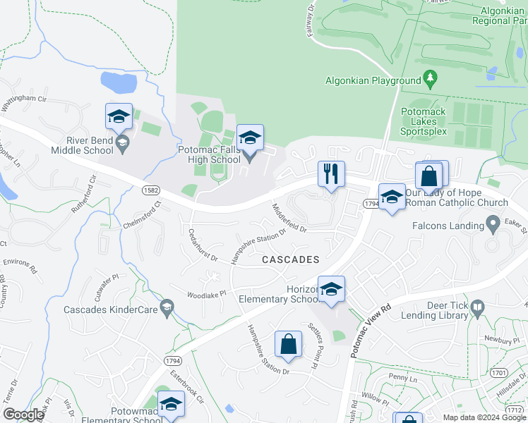 map of restaurants, bars, coffee shops, grocery stores, and more near 20453 Kingston Court in Sterling