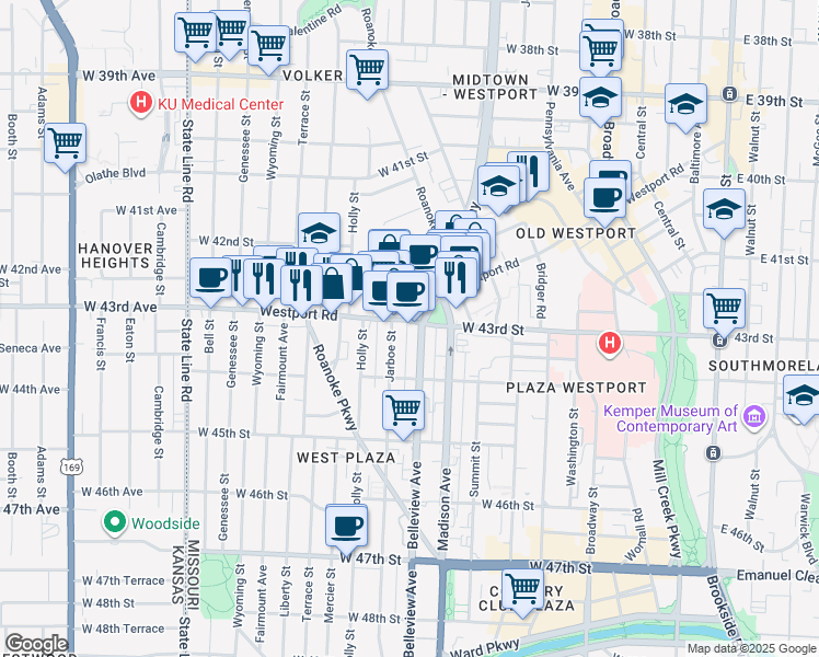 map of restaurants, bars, coffee shops, grocery stores, and more near in Kansas City