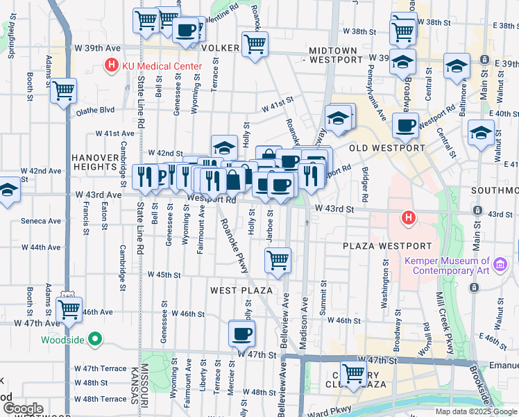 map of restaurants, bars, coffee shops, grocery stores, and more near 4308 Holly Street in Kansas City