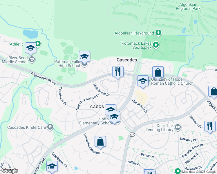 map of restaurants, bars, coffee shops, grocery stores, and more near 46608 Drysdale Terrace in Sterling