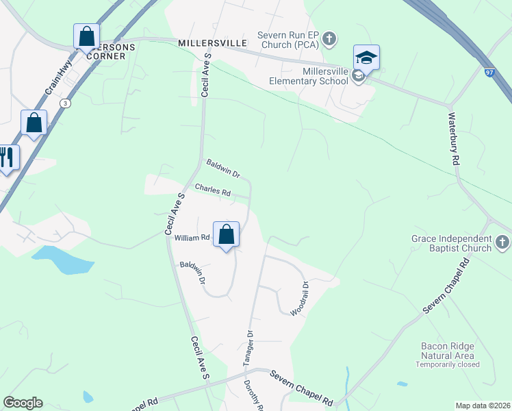 map of restaurants, bars, coffee shops, grocery stores, and more near 1724 Baldwin Drive in Millersville
