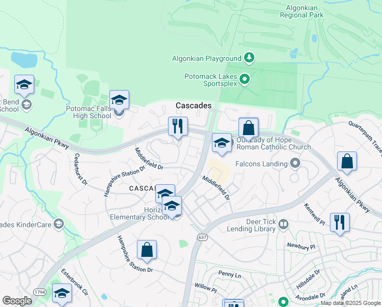 map of restaurants, bars, coffee shops, grocery stores, and more near 46674 Cavendish Square in Sterling