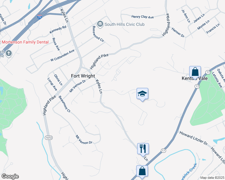 map of restaurants, bars, coffee shops, grocery stores, and more near 629 Farrell Drive in Fort Wright