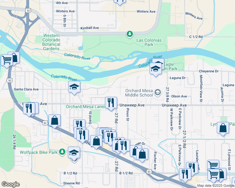 map of restaurants, bars, coffee shops, grocery stores, and more near 1763 Christopher Way in Grand Junction