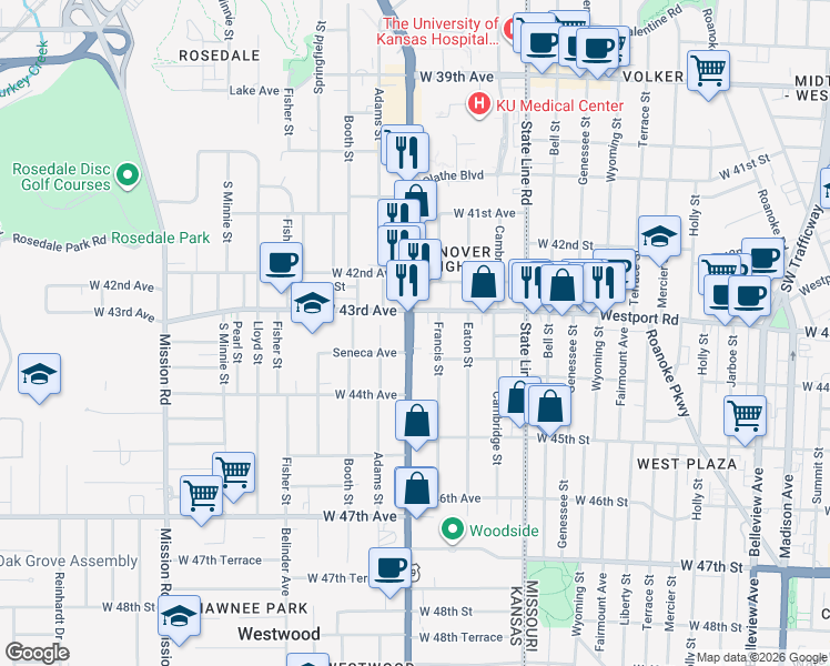 map of restaurants, bars, coffee shops, grocery stores, and more near 4313 Rainbow Boulevard in Kansas City