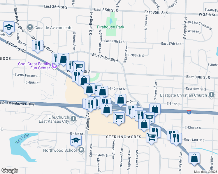map of restaurants, bars, coffee shops, grocery stores, and more near 11309 East 40th Street South in Independence