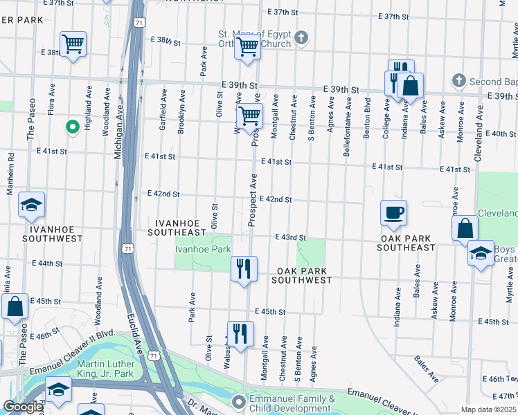map of restaurants, bars, coffee shops, grocery stores, and more near 4210 Prospect Avenue in Kansas City