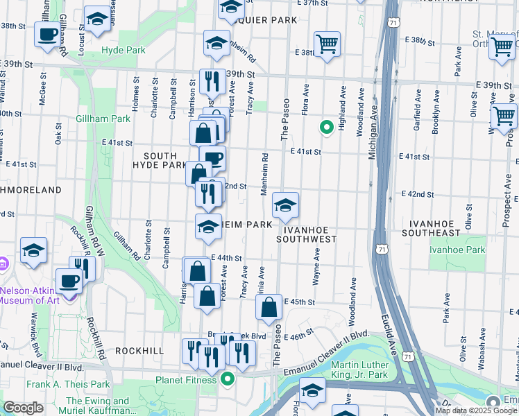 map of restaurants, bars, coffee shops, grocery stores, and more near 4229 Manheim Road in Kansas City