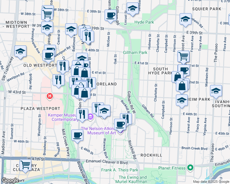 map of restaurants, bars, coffee shops, grocery stores, and more near 4236 Locust Street in Kansas City