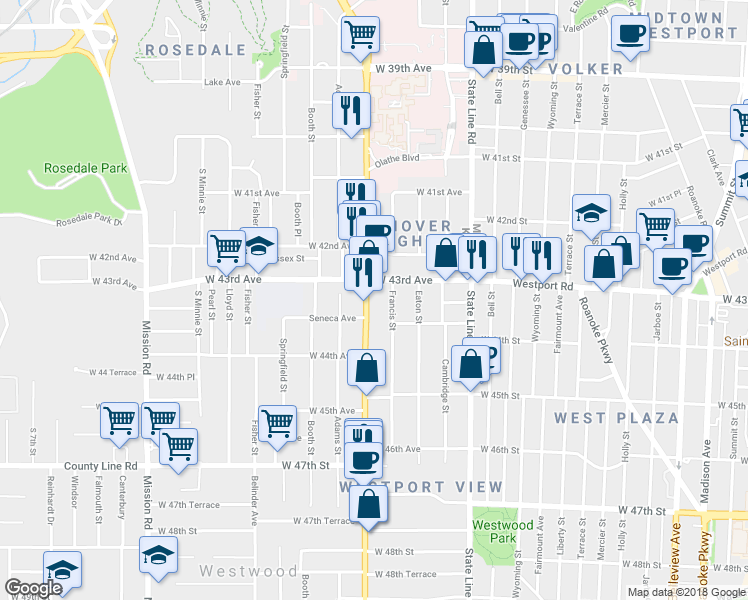 map of restaurants, bars, coffee shops, grocery stores, and more near 4312 Francis Street in Kansas City