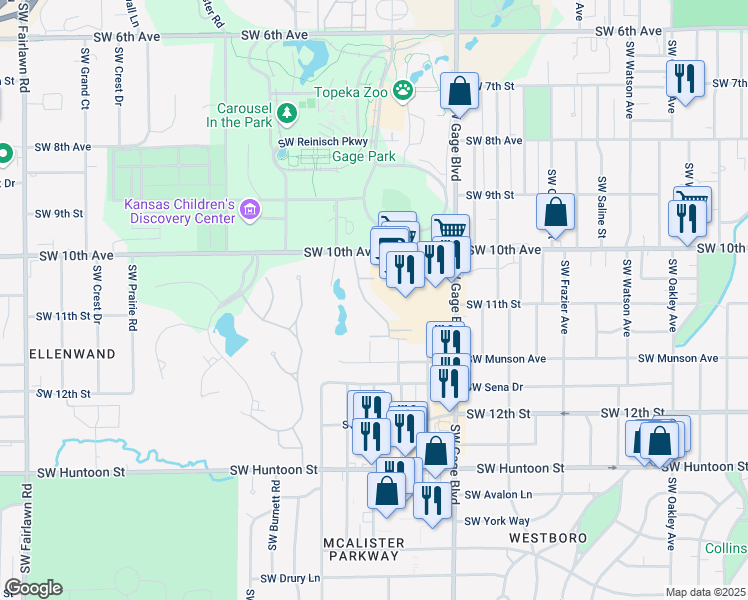 map of restaurants, bars, coffee shops, grocery stores, and more near 1024 Southwest Fleming Court in Topeka