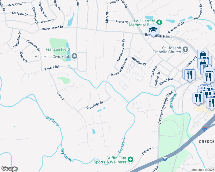 map of restaurants, bars, coffee shops, grocery stores, and more near 677 Meadow Wood Drive in Crescent Springs