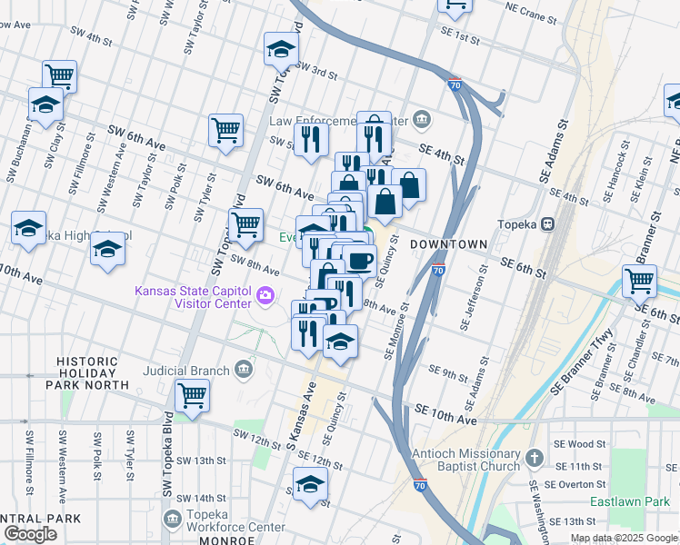 map of restaurants, bars, coffee shops, grocery stores, and more near 725 South Kansas Avenue in Topeka