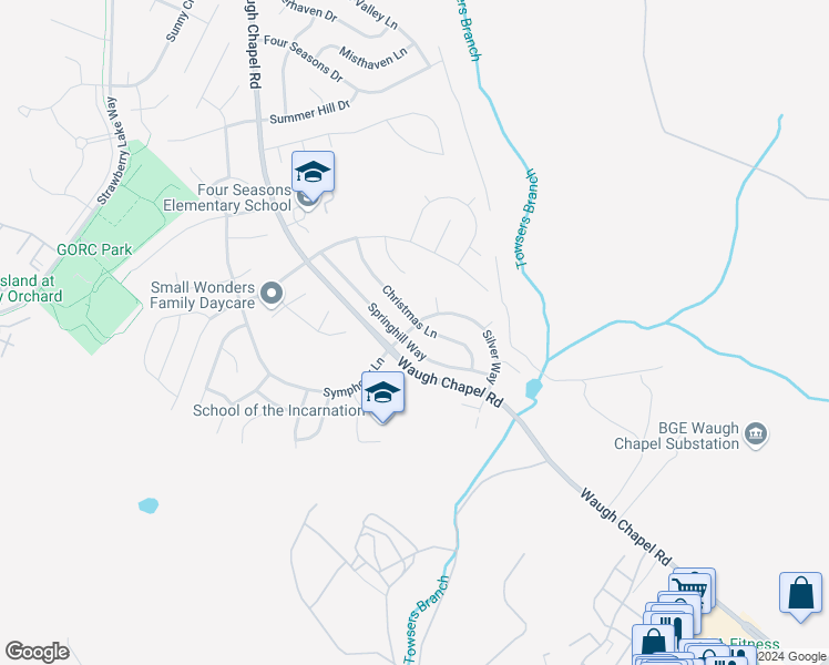 map of restaurants, bars, coffee shops, grocery stores, and more near 1030 Springhill Way in Gambrills