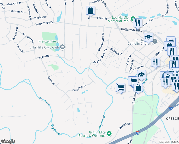 map of restaurants, bars, coffee shops, grocery stores, and more near 677 Meadow Wood Drive in Crescent Springs