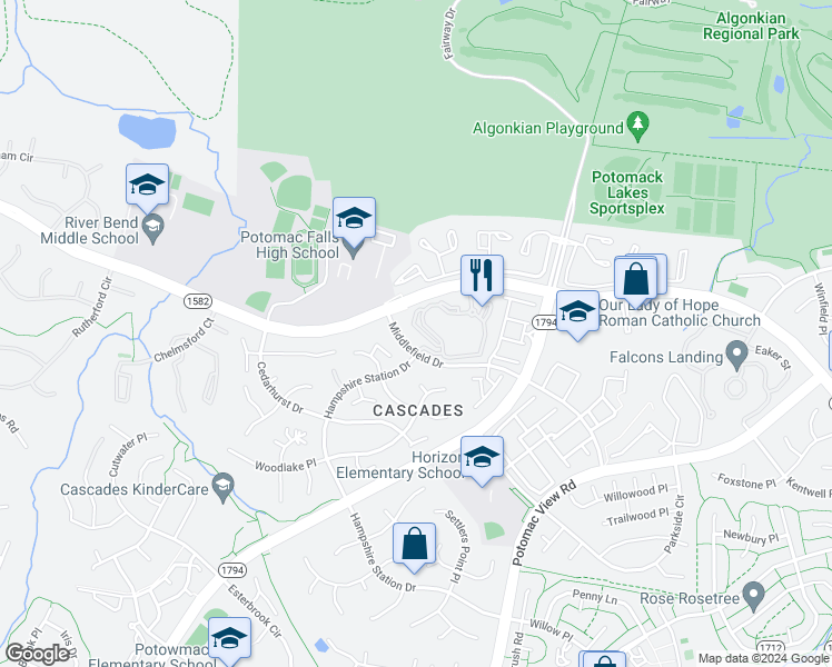 map of restaurants, bars, coffee shops, grocery stores, and more near 20451 Chesapeake Square in Sterling