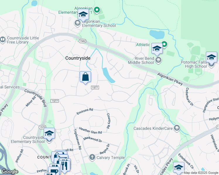 map of restaurants, bars, coffee shops, grocery stores, and more near 5 Steed Place in Sterling