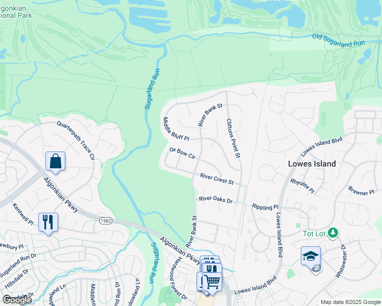 map of restaurants, bars, coffee shops, grocery stores, and more near 47229 Ox Bow Circle in Sterling