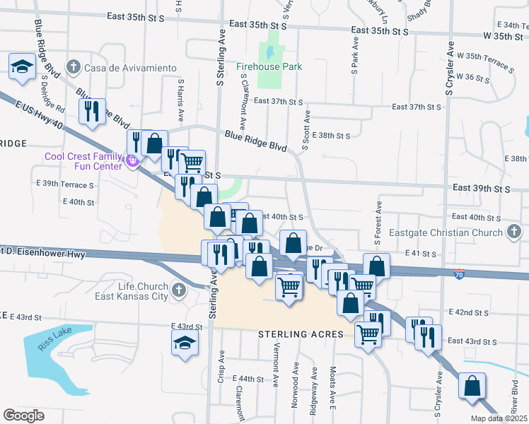 map of restaurants, bars, coffee shops, grocery stores, and more near 11309 East 40th Street South in Independence