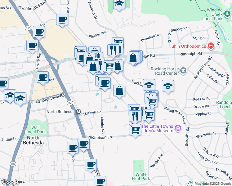 map of restaurants, bars, coffee shops, grocery stores, and more near 5401 McGrath Boulevard in North Bethesda