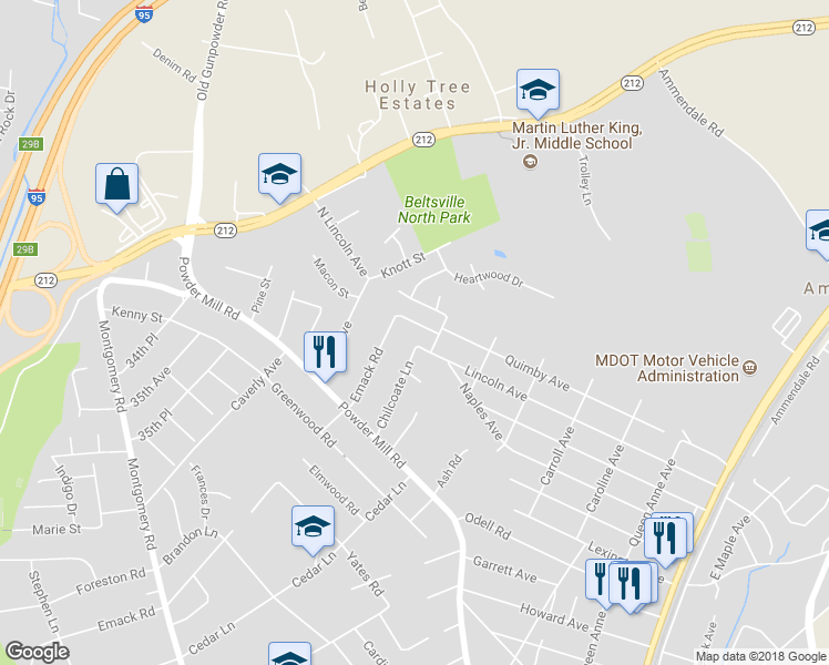 map of restaurants, bars, coffee shops, grocery stores, and more near 4515 Broad Boulevard in Beltsville