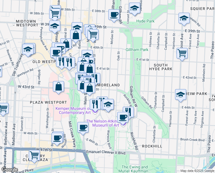 map of restaurants, bars, coffee shops, grocery stores, and more near 4154 McGee Street in Kansas City