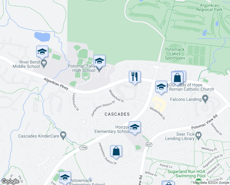 map of restaurants, bars, coffee shops, grocery stores, and more near 20451 Chesapeake Square in Sterling