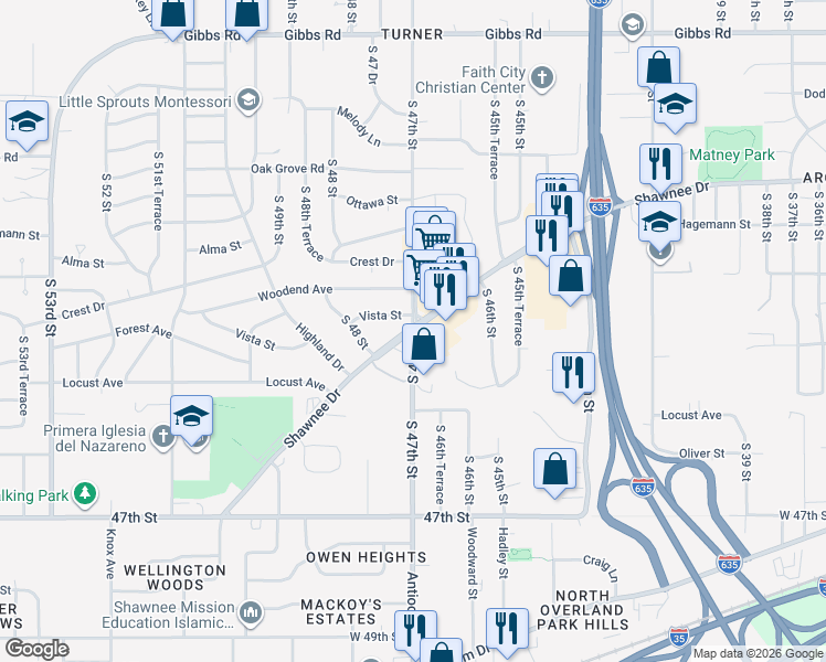 map of restaurants, bars, coffee shops, grocery stores, and more near Shawnee Dr & S 47th St in Kansas City