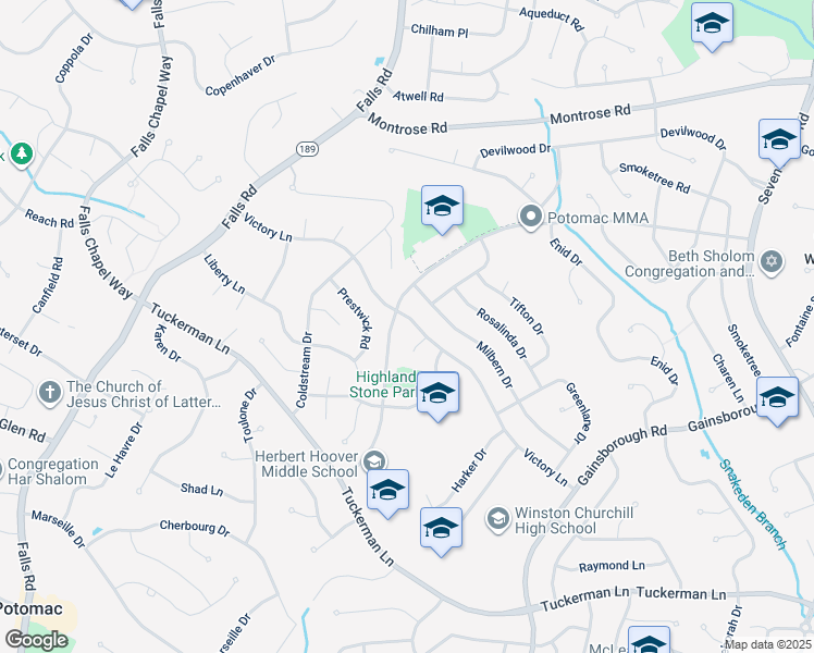 map of restaurants, bars, coffee shops, grocery stores, and more near 8610 Victory Lane in Potomac