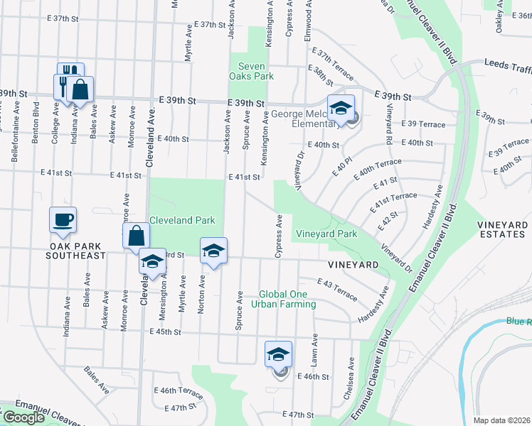 map of restaurants, bars, coffee shops, grocery stores, and more near 4329 Towers Road in Kansas City