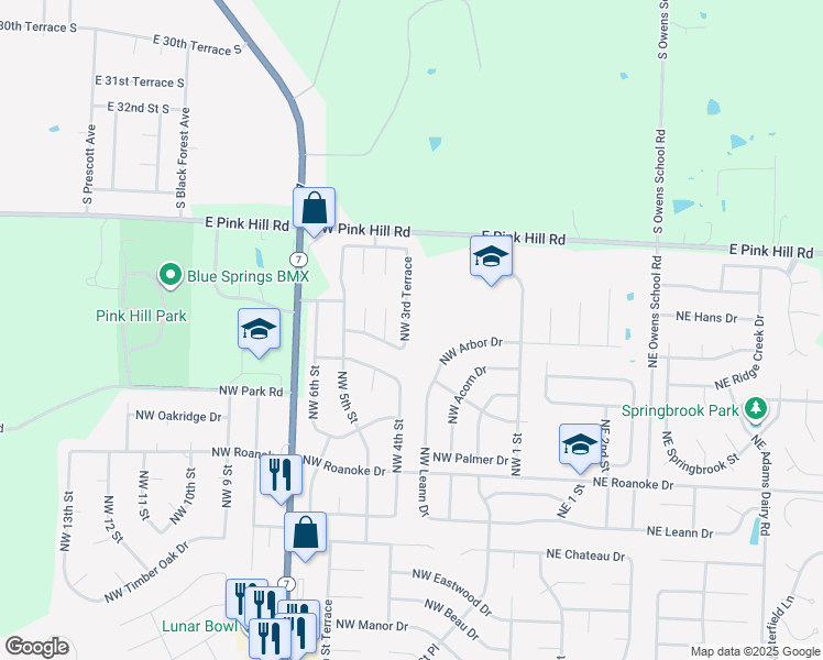 map of restaurants, bars, coffee shops, grocery stores, and more near 2700 Northwest 3rd Terrace in Blue Springs