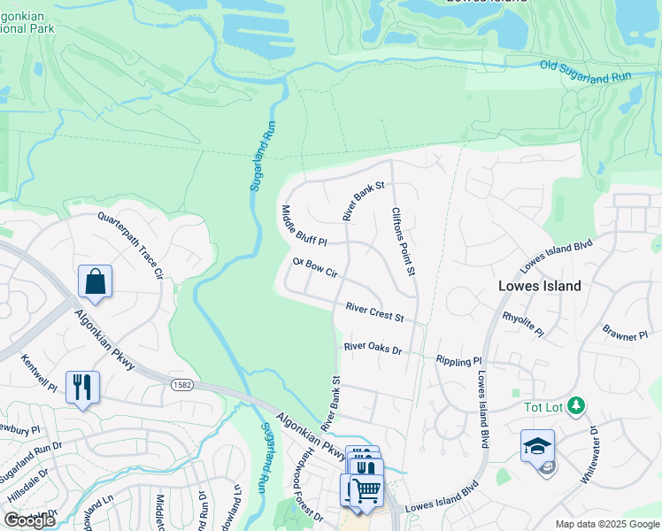 map of restaurants, bars, coffee shops, grocery stores, and more near 47229 Ox Bow Circle in Sterling