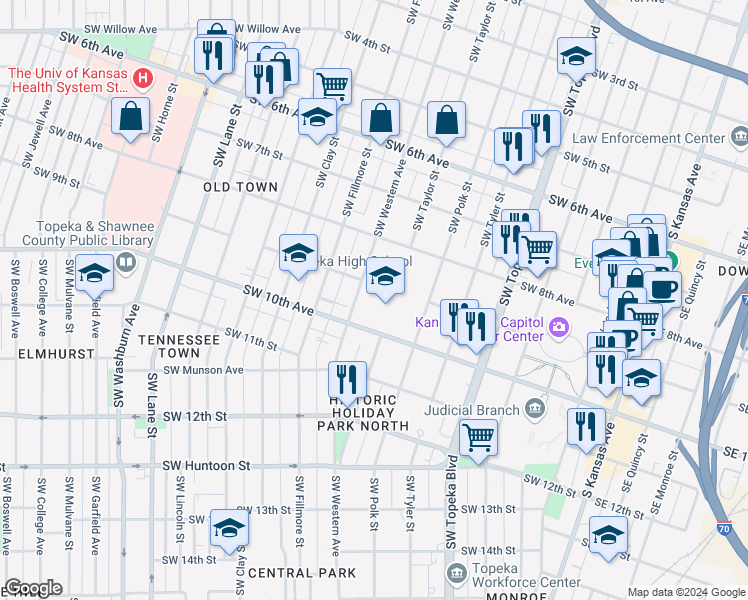 map of restaurants, bars, coffee shops, grocery stores, and more near 800 Southwest 10th Avenue in Topeka