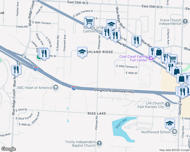 map of restaurants, bars, coffee shops, grocery stores, and more near 4012 Pittman Road in Kansas City