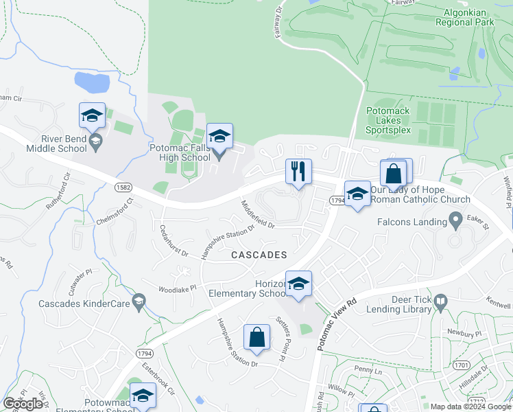 map of restaurants, bars, coffee shops, grocery stores, and more near 20445 Chesapeake Square in Sterling