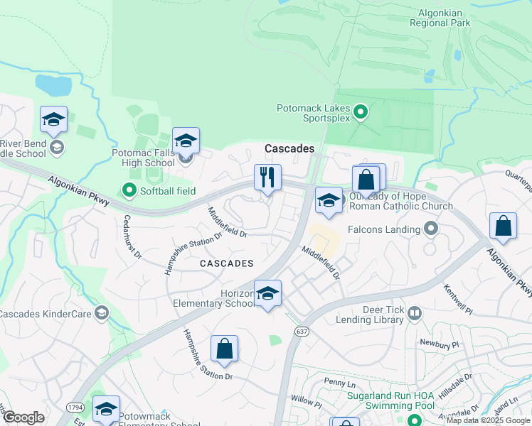 map of restaurants, bars, coffee shops, grocery stores, and more near 46628 Drysdale Terrace in Sterling