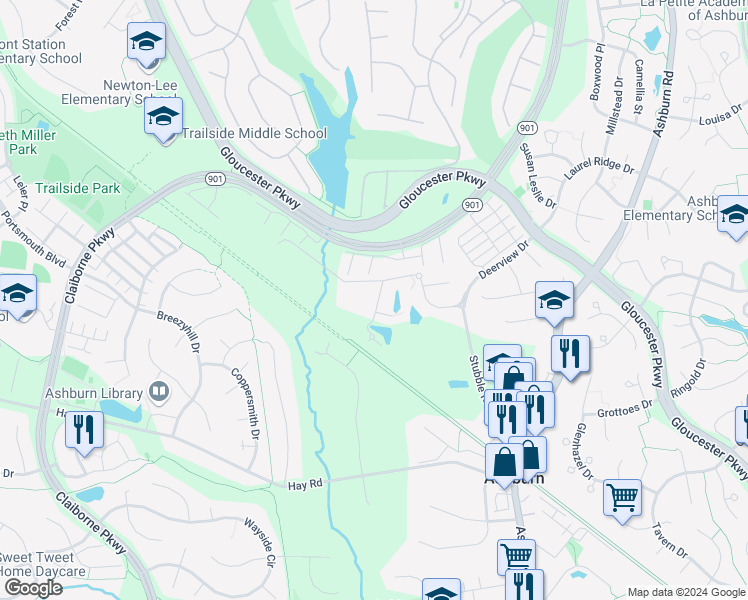 map of restaurants, bars, coffee shops, grocery stores, and more near 20477 Rolling Water Terrace in Ashburn