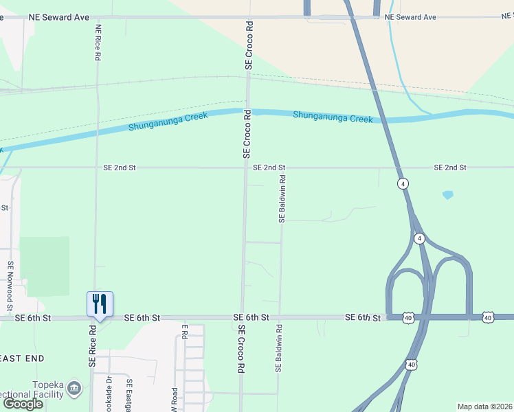 map of restaurants, bars, coffee shops, grocery stores, and more near 258 Southeast Croco Road in Topeka