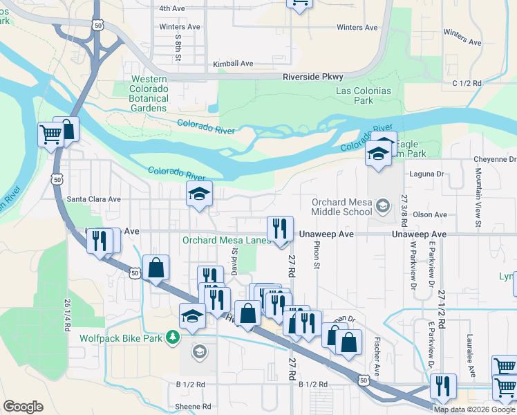 map of restaurants, bars, coffee shops, grocery stores, and more near 1101-1161 Olson Avenue in Grand Junction