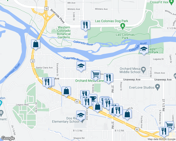 map of restaurants, bars, coffee shops, grocery stores, and more near 1146 Micaelas Court in Grand Junction
