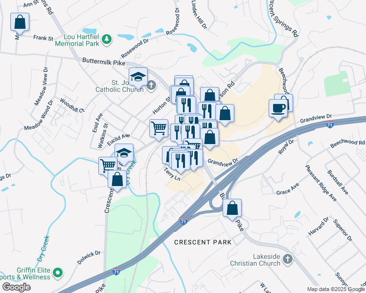map of restaurants, bars, coffee shops, grocery stores, and more near 550 Buttermilk Pike in Crescent Springs