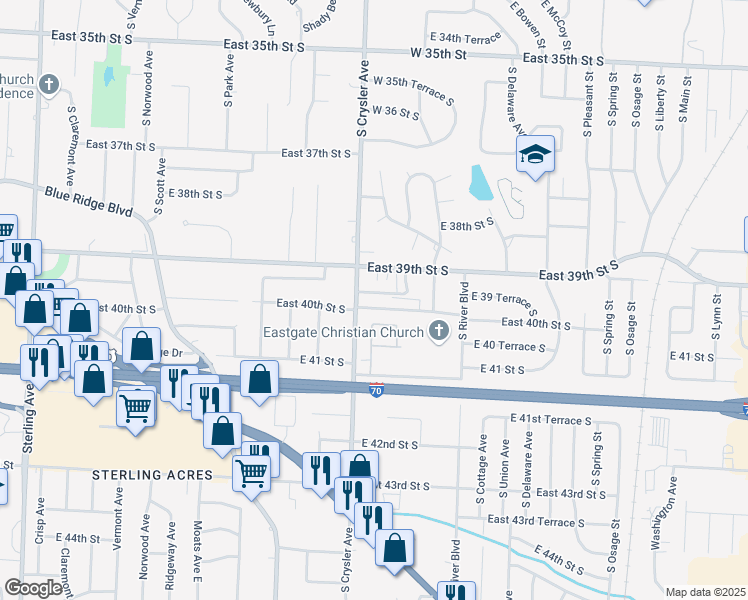 map of restaurants, bars, coffee shops, grocery stores, and more near 12416 East 40th Street South in Independence