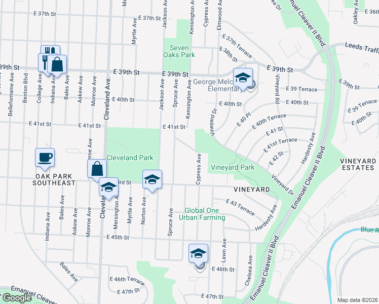 map of restaurants, bars, coffee shops, grocery stores, and more near 4329 Towers Road in Kansas City