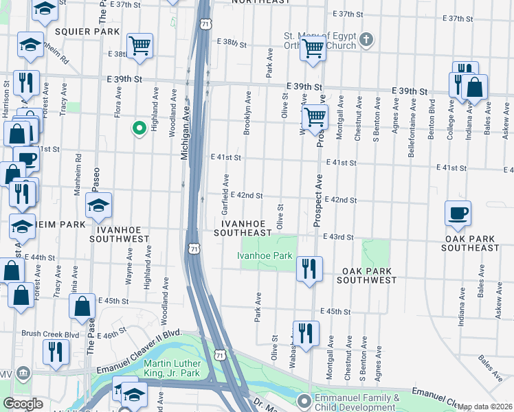map of restaurants, bars, coffee shops, grocery stores, and more near 4211 Park Avenue in Kansas City
