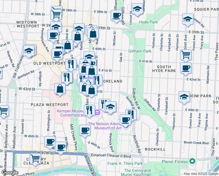 map of restaurants, bars, coffee shops, grocery stores, and more near 200 43rd Street in Kansas City